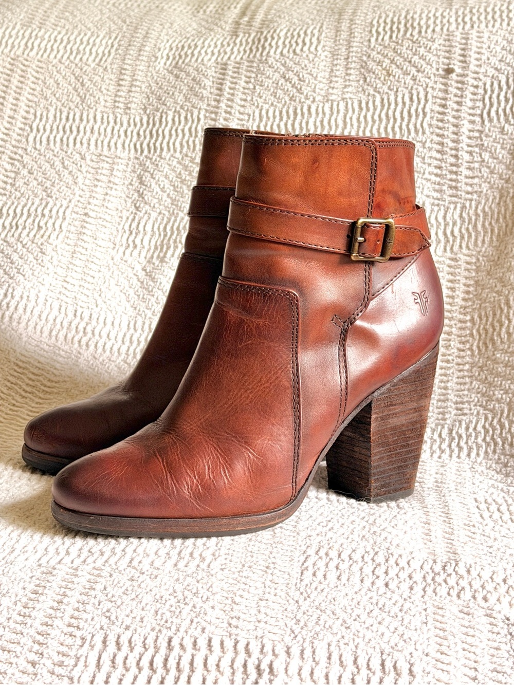 Frye Cognac Leather Buckle Block Heel Ankle Boots
